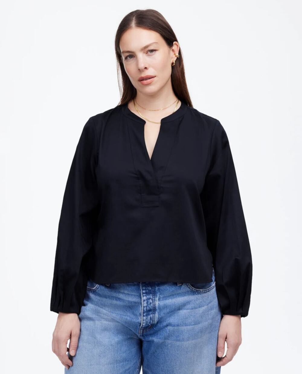 Madewell V-Neck Long-Sleeve Top SZ S Deep Indigo Pleated Sleeve Stretch Pullover